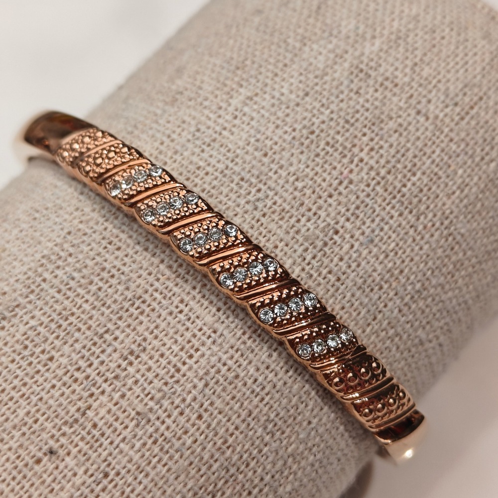 Rose Gold Tone Crystal Textured Hinged Bangle Bracelet Cuff Removable Extender
